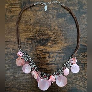 Vintage Coldwater Creek Pink Shell Statement Necklace Boho Suede Multi Charm
